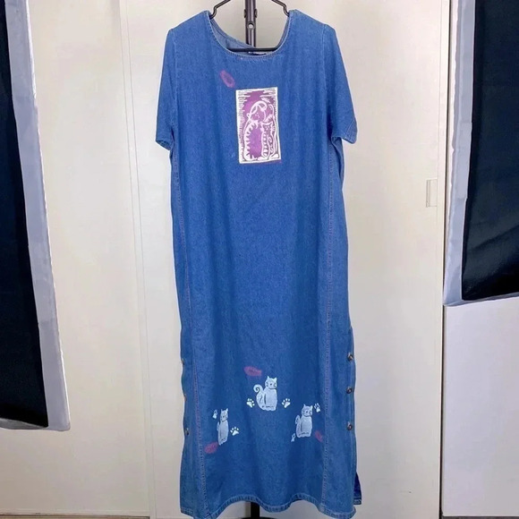 Cat lover Vtg denim short sleeve scoop neck embroidered side slit maxi dress XXL - Picture 1 of 17